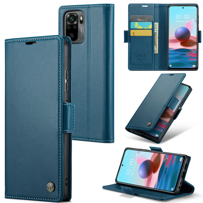 CaseMe Xiaomi Redmi Note 10 4G/Note 10S Wallet RFID Blocking Magnetic Buckle Case Blue - Click Image to Close