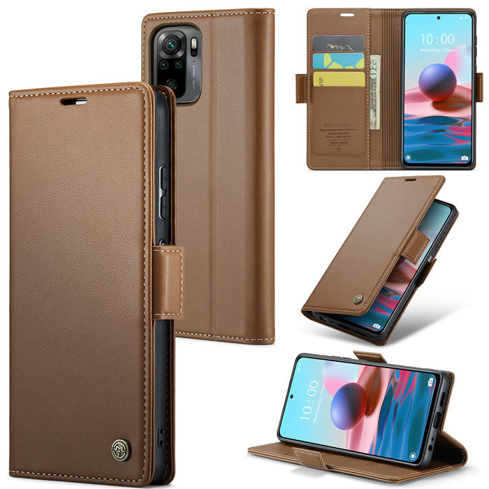 CaseMe Xiaomi Redmi Note 10 4G/Note 10S Wallet RFID Blocking Magnetic Buckle Case Brown - Click Image to Close