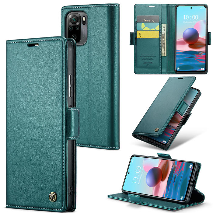 CaseMe Xiaomi Redmi Note 10 4G/Note 10S Wallet RFID Blocking Magnetic Buckle Case Green - Click Image to Close