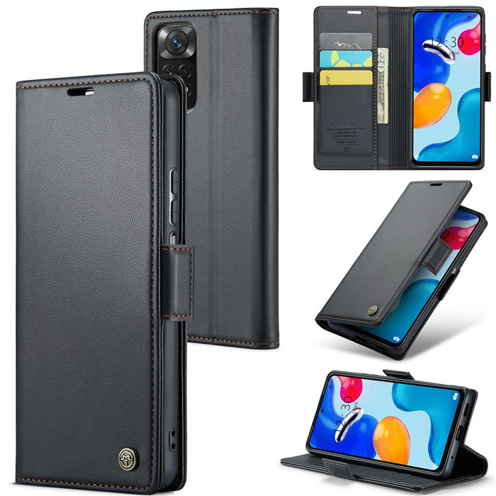 CaseMe Xiaomi Redmi Note 11 4G/Note 11S Wallet RFID Blocking Magnetic Buckle Case Black - Click Image to Close