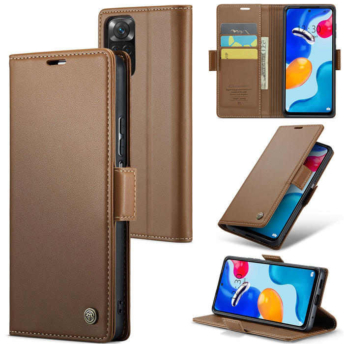 CaseMe Xiaomi Redmi Note 11 4G/Note 11S Wallet RFID Blocking Magnetic Buckle Case Brown - Click Image to Close