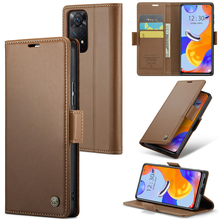 CaseMe Xiaomi Redmi Note 11 Pro 5G Wallet RFID Blocking Magnetic Buckle Case Brown - Click Image to Close