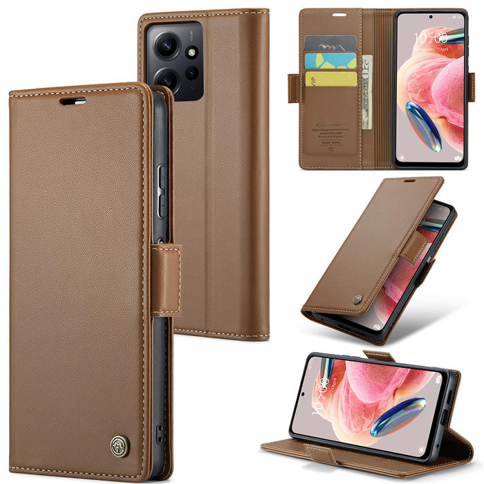 CaseMe Xiaomi Redmi Note 12 4G Wallet RFID Blocking Magnetic Buckle Case Brown - Click Image to Close