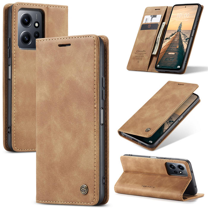 CaseMe Xiaomi Redmi Note 12 4G Wallet Suede Leather Case Brown - Click Image to Close