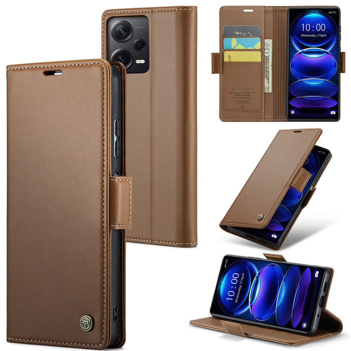 CaseMe Xiaomi Redmi Note 12 Pro Plus 5G Wallet RFID Blocking Magnetic Buckle Case Brown - Click Image to Close