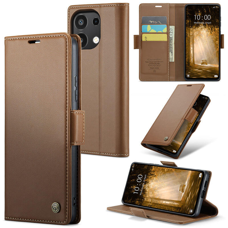 CaseMe Xiaomi Redmi Note 13 4G Wallet RFID Blocking Magnetic Buckle Case Brown