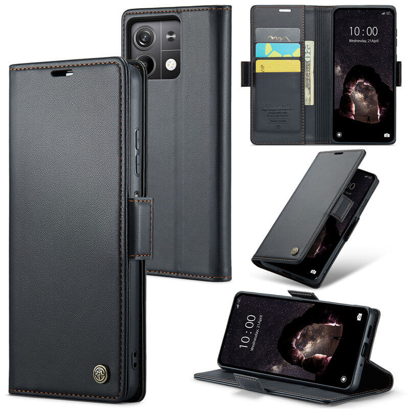 CaseMe Xiaomi Redmi Note 13 5G Wallet RFID Blocking Magnetic Buckle Case Black - Click Image to Close