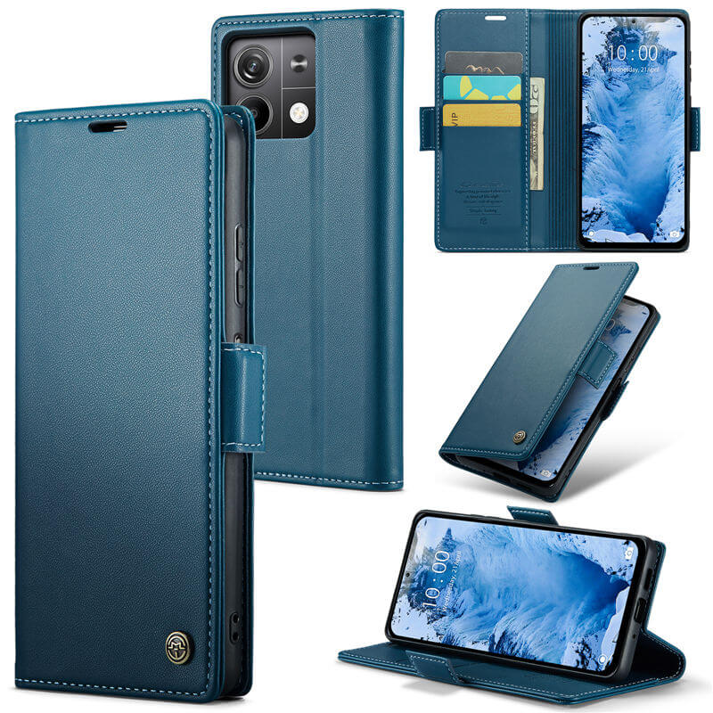 CaseMe Xiaomi Redmi Note 13 5G Wallet RFID Blocking Magnetic Buckle Case Blue - Click Image to Close