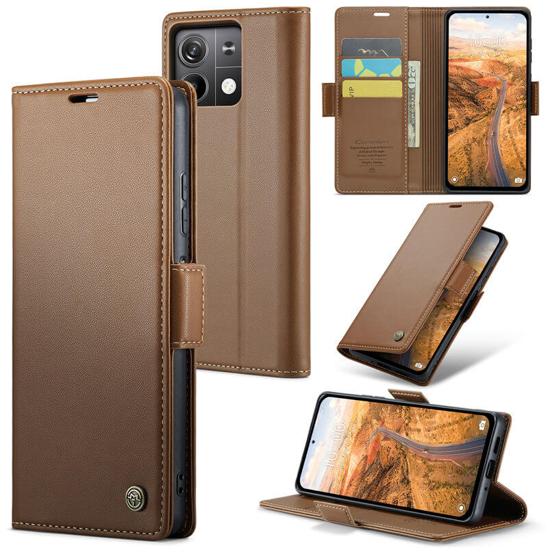 CaseMe Xiaomi Redmi Note 13 5G Wallet RFID Blocking Magnetic Buckle Case Brown - Click Image to Close