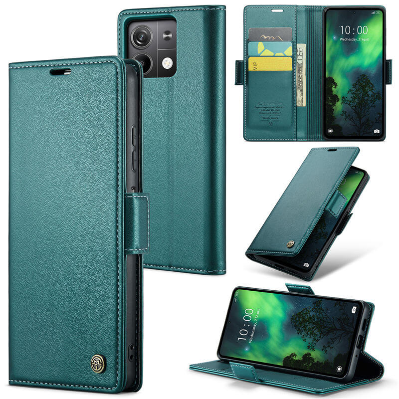 CaseMe Xiaomi Redmi Note 13 5G Wallet RFID Blocking Magnetic Buckle Case Green - Click Image to Close