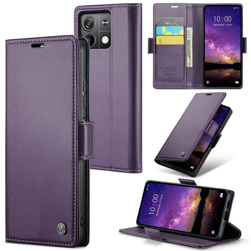 CaseMe Xiaomi Redmi Note 13 5G Wallet RFID Blocking Magnetic Buckle Case Purple - Click Image to Close