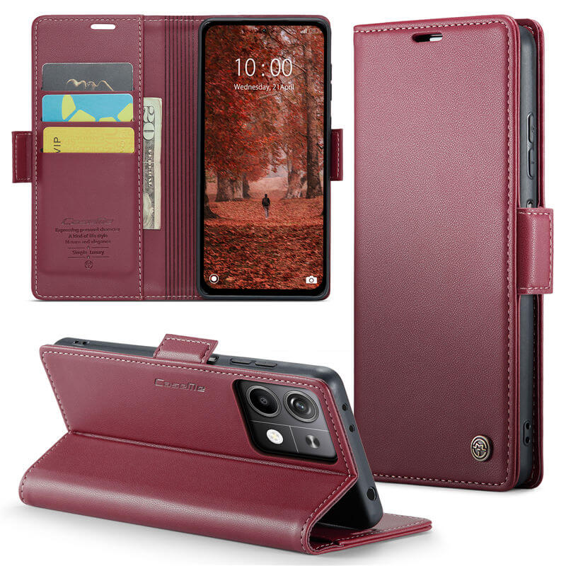 CaseMe Xiaomi Redmi Note 13 5G Wallet RFID Blocking Magnetic Buckle Case Red - Click Image to Close