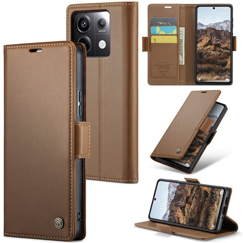 CaseMe Xiaomi Redmi Note 13 Pro 5G Wallet RFID Blocking Magnetic Buckle Case Brown - Click Image to Close