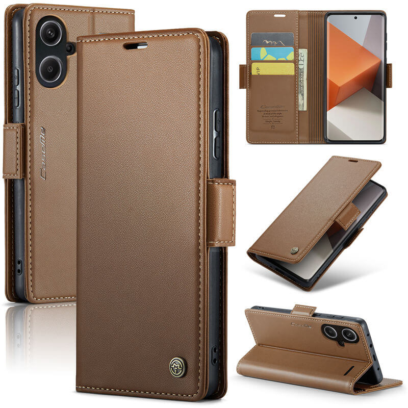 CaseMe Xiaomi Redmi Note 13 Pro Plus 5G Wallet RFID Blocking Magnetic Buckle Case Brown - Click Image to Close