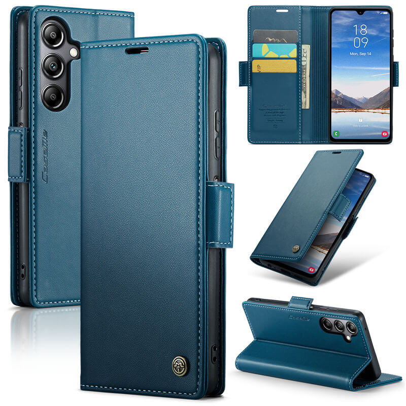 CaseMe Samsung Galaxy A05S Wallet RFID Blocking Magnetic Buckle Case Blue - Click Image to Close