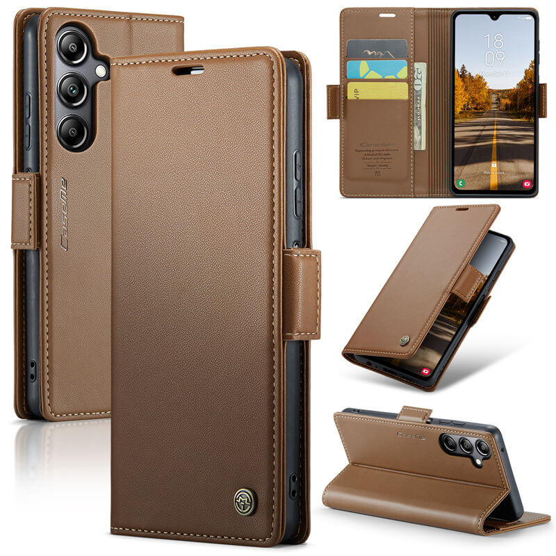 CaseMe Samsung Galaxy A05S Wallet RFID Blocking Magnetic Buckle Case Brown - Click Image to Close