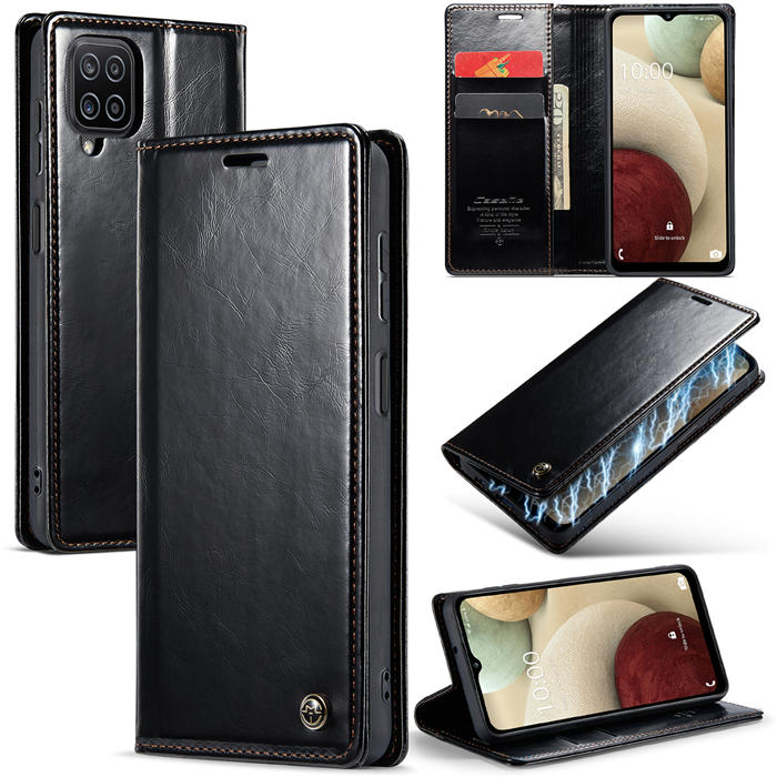 CaseMe Samsung Galaxy A12 Wallet Kickstand Magnetic Case Black - Click Image to Close