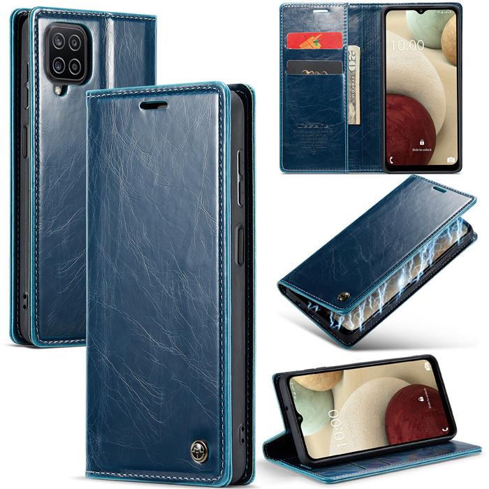 CaseMe Samsung Galaxy A12 Wallet Kickstand Magnetic Case Blue - Click Image to Close