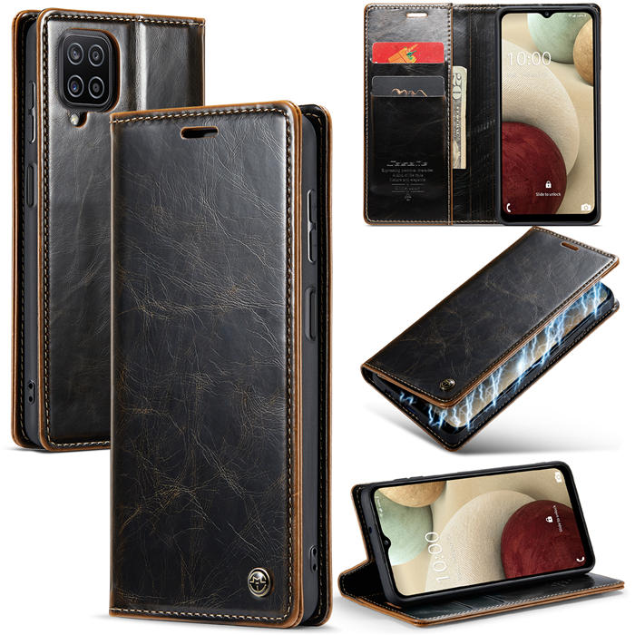 CaseMe Samsung Galaxy A12 Wallet Kickstand Magnetic Case Coffee - Click Image to Close