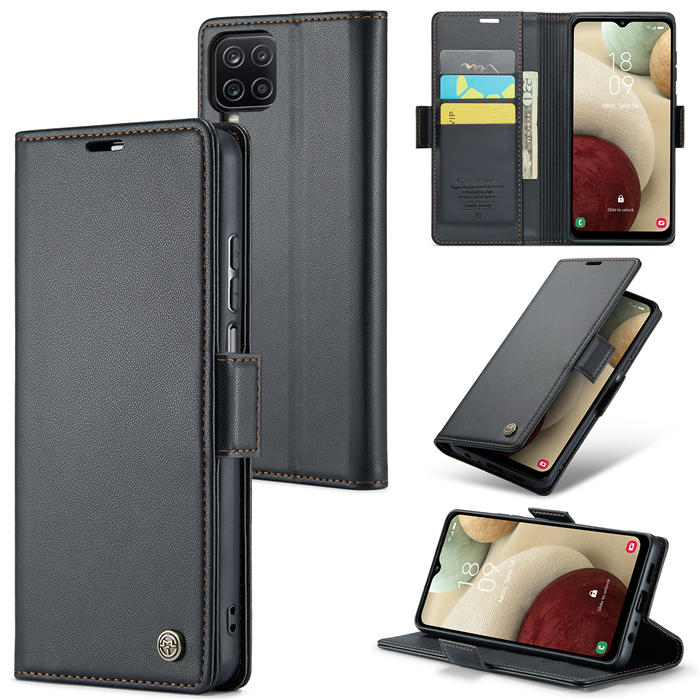 CaseMe Samsung Galaxy A12 5G Wallet RFID Blocking Magnetic Buckle Case Black - Click Image to Close