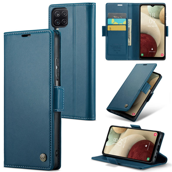 CaseMe Samsung Galaxy A12 5G Wallet RFID Blocking Magnetic Buckle Case Blue - Click Image to Close