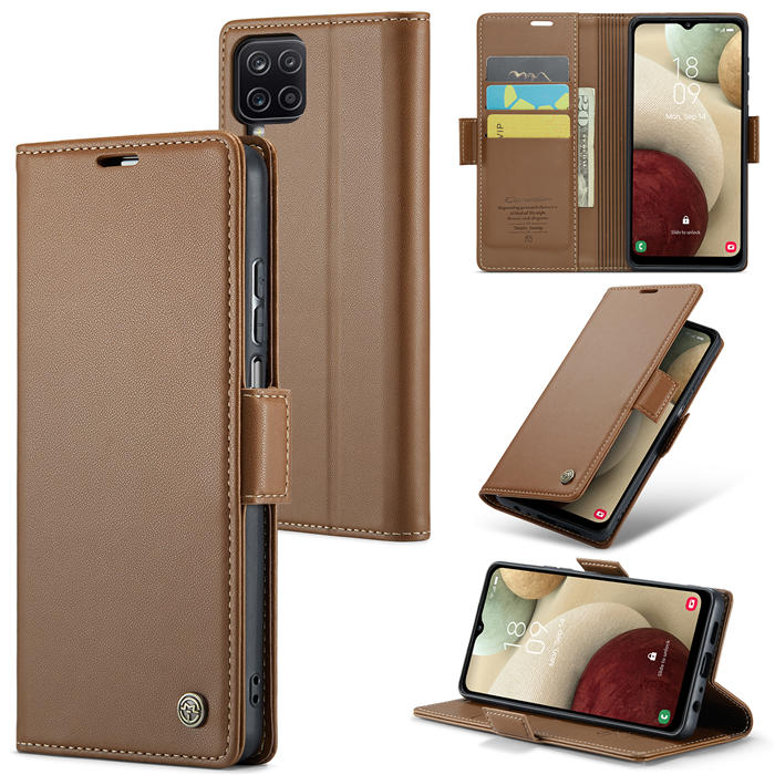 CaseMe Samsung Galaxy A12 5G Wallet RFID Blocking Magnetic Buckle Case Brown - Click Image to Close