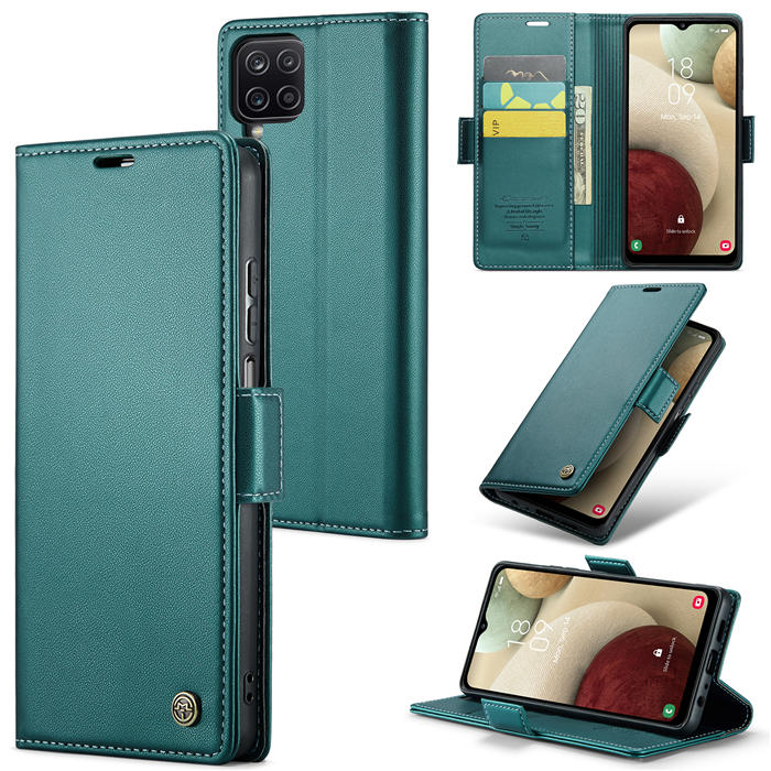 CaseMe Samsung Galaxy A12 5G Wallet RFID Blocking Magnetic Buckle Case Green - Click Image to Close