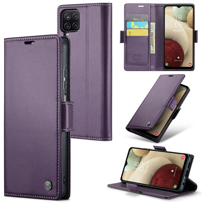 CaseMe Samsung Galaxy A12 5G Wallet RFID Blocking Magnetic Buckle Case Purple - Click Image to Close