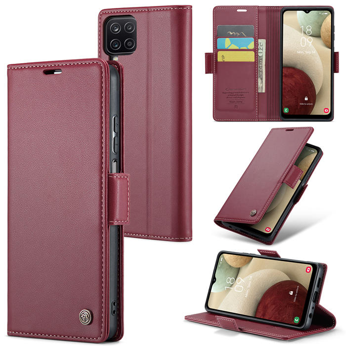 CaseMe Samsung Galaxy A12 5G Wallet RFID Blocking Magnetic Buckle Case Red - Click Image to Close