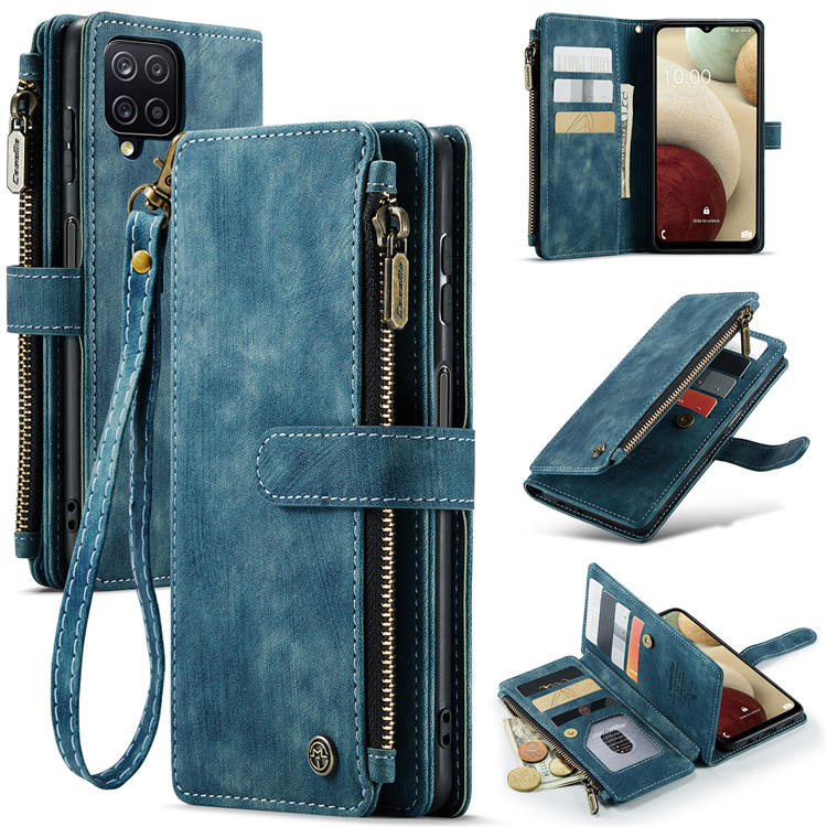 CaseMe Samsung Galaxy A12 Zipper Wallet Kickstand Case Blue - Click Image to Close