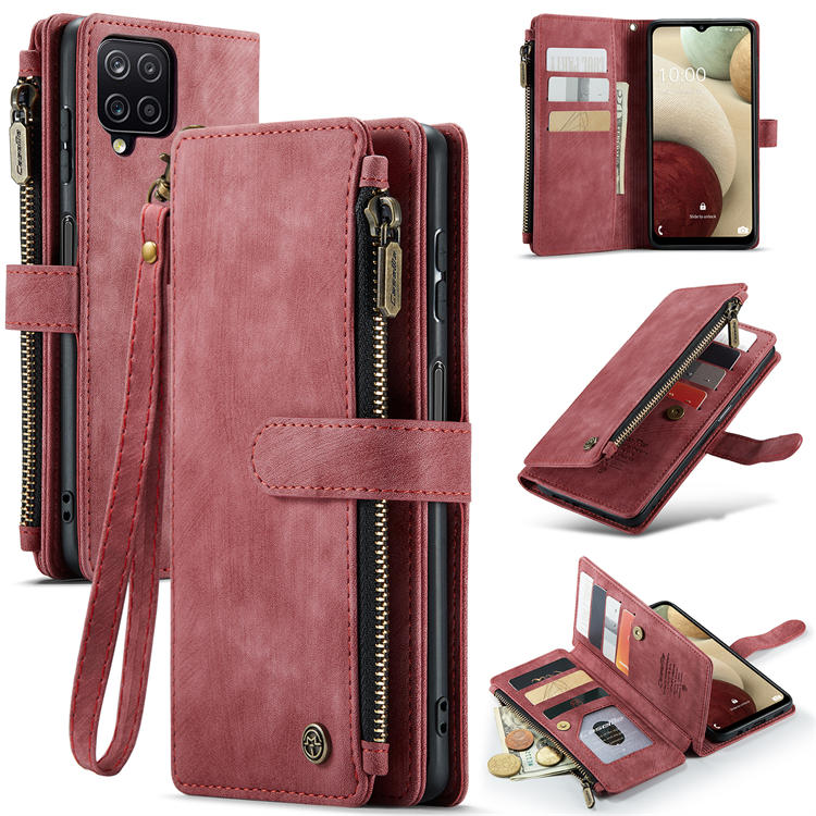 CaseMe Samsung Galaxy A12 Zipper Wallet Kickstand Case Red - Click Image to Close