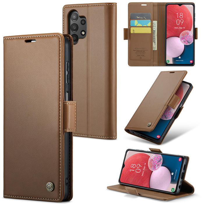 CaseMe Samsung Galaxy A13 4G/5G Wallet RFID Blocking Magnetic Buckle Case Brown - Click Image to Close
