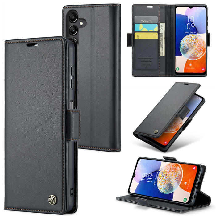 CaseMe Samsung Galaxy A14 Wallet RFID Blocking Magnetic Buckle Case Black - Click Image to Close