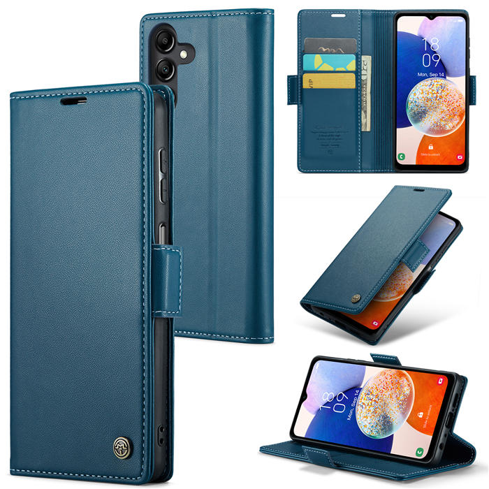 CaseMe Samsung Galaxy A14 Wallet RFID Blocking Magnetic Buckle Case Blue - Click Image to Close
