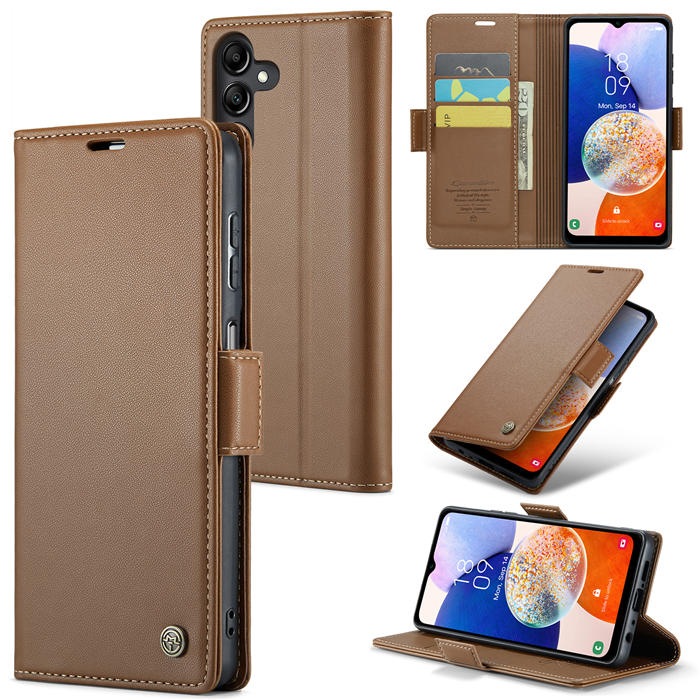 CaseMe Samsung Galaxy A14 Wallet RFID Blocking Magnetic Buckle Case Brown - Click Image to Close