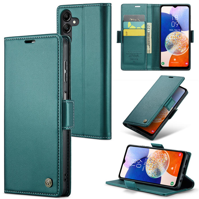 CaseMe Samsung Galaxy A14 Wallet RFID Blocking Magnetic Buckle Case Green - Click Image to Close