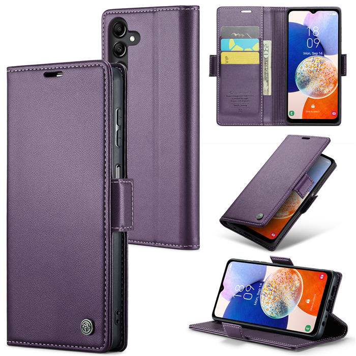CaseMe Samsung Galaxy A14 Wallet RFID Blocking Magnetic Buckle Case Purple - Click Image to Close