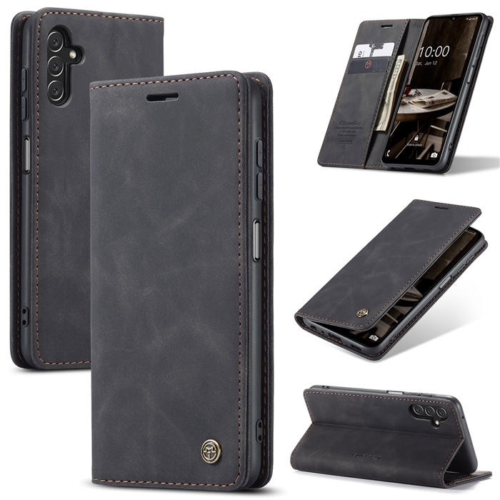 CaseMe Samsung Galaxy A14 5G Wallet Retro Leather Case Black - Click Image to Close