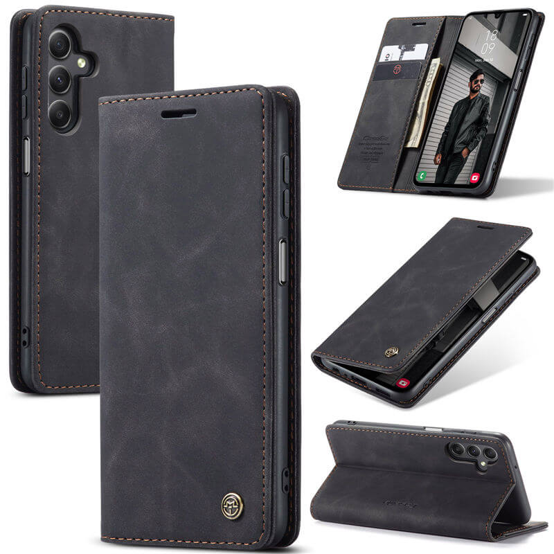 CaseMe Samsung Galaxy A15 Wallet Suede Leather Case Black - Click Image to Close