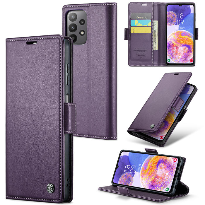 CaseMe Samsung Galaxy A23 Wallet RFID Blocking Magnetic Buckle Case Purple - Click Image to Close