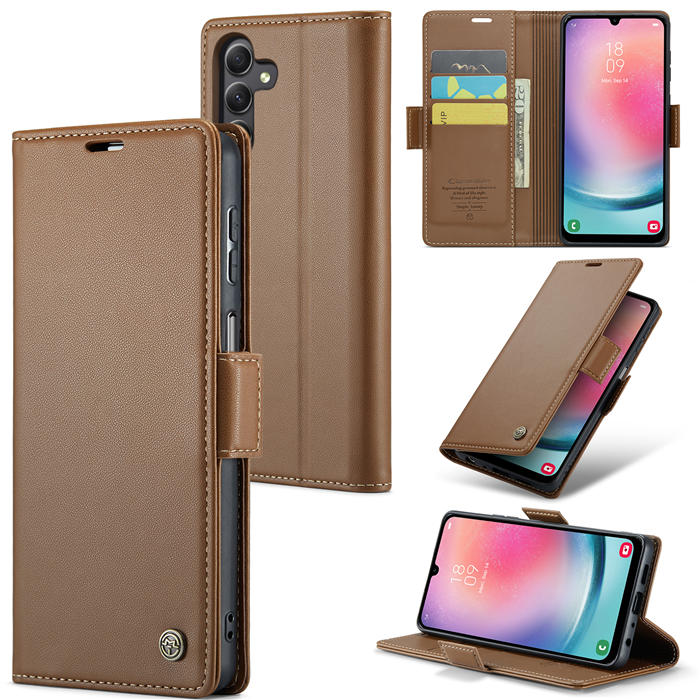 CaseMe Samsung Galaxy A24 4G Wallet RFID Blocking Magnetic Buckle Case Brown - Click Image to Close