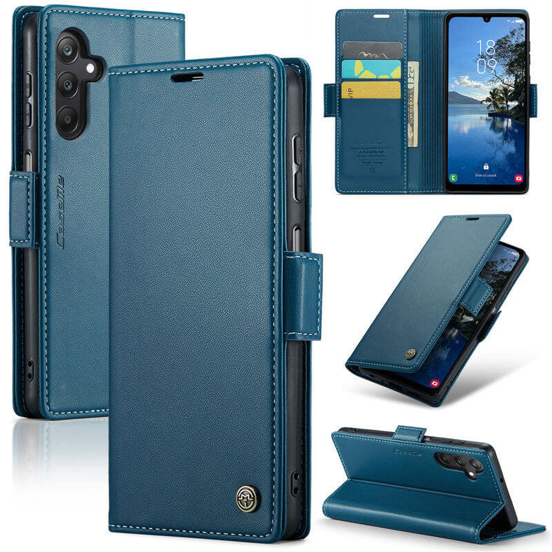 CaseMe Samsung Galaxy A25 Wallet RFID Blocking Magnetic Buckle Case Blue - Click Image to Close