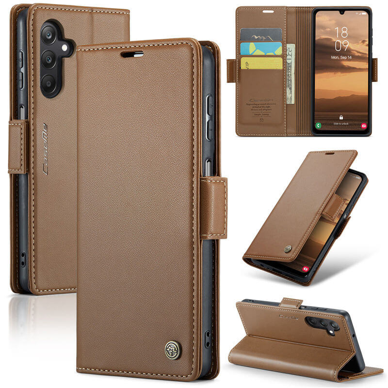 CaseMe Samsung Galaxy A25 Wallet RFID Blocking Magnetic Buckle Case Brown - Click Image to Close