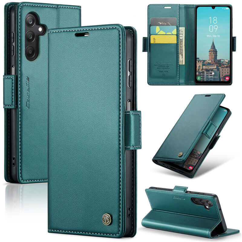 CaseMe Samsung Galaxy A25 Wallet RFID Blocking Magnetic Buckle Case Green - Click Image to Close