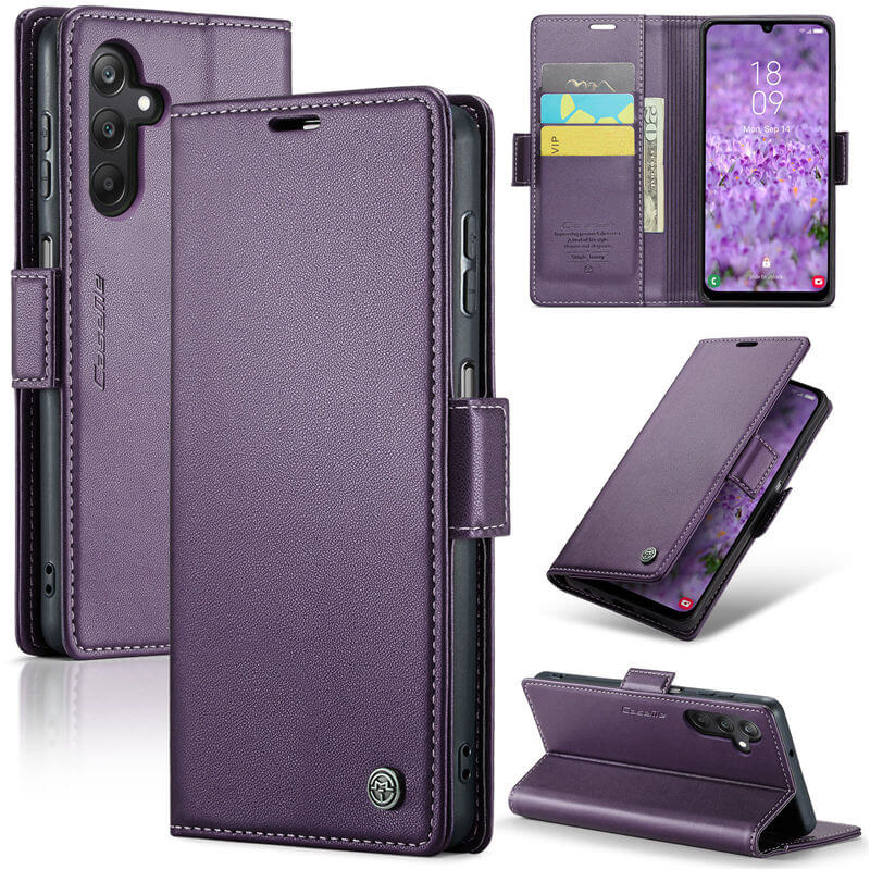 CaseMe Samsung Galaxy A25 Wallet RFID Blocking Magnetic Buckle Case Purple - Click Image to Close
