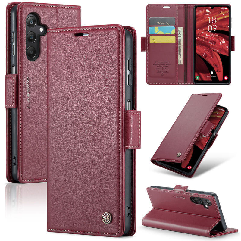 CaseMe Samsung Galaxy A25 Wallet RFID Blocking Magnetic Buckle Case Red - Click Image to Close
