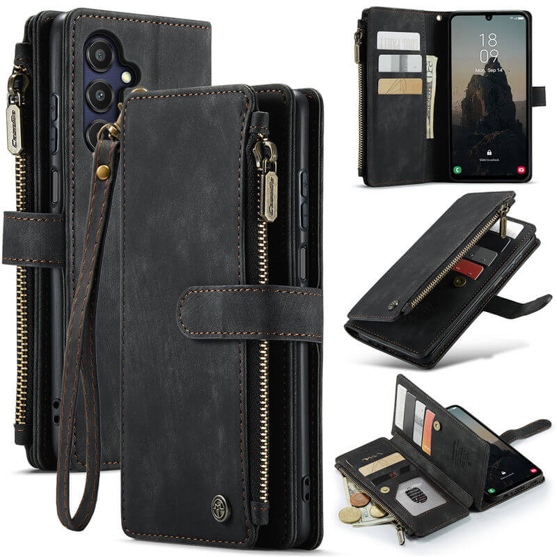 CaseMe Samsung Galaxy A25 Wallet kickstand Case with Wrist Strap Black - Click Image to Close
