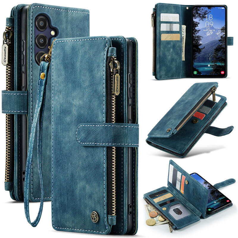 CaseMe Samsung Galaxy A25 Wallet kickstand Case with Wrist Strap Blue - Click Image to Close