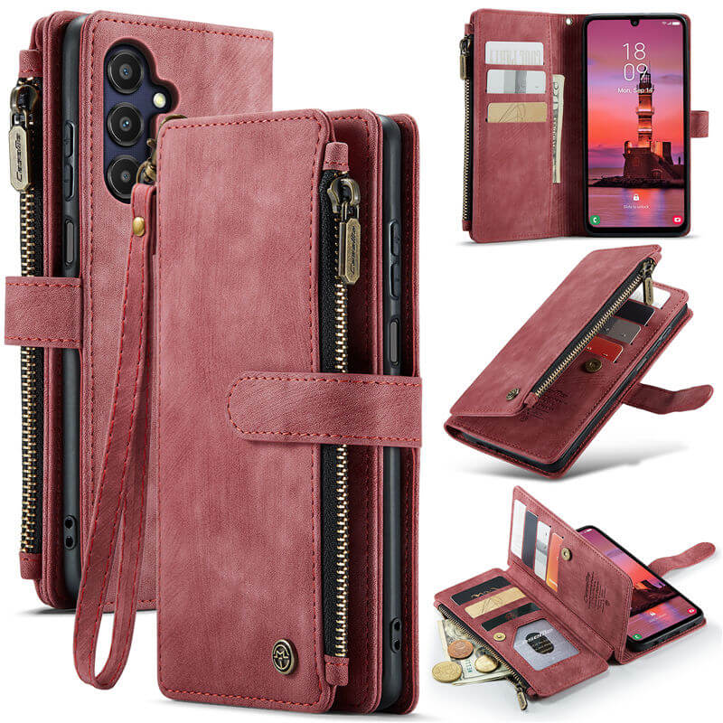 CaseMe Samsung Galaxy A25 Wallet kickstand Case with Wrist Strap Red - Click Image to Close