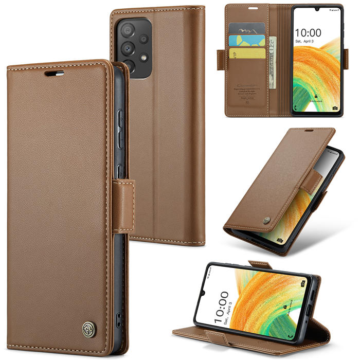 CaseMe Samsung Galaxy A33 5G Wallet RFID Blocking Magnetic Buckle Case Brown - Click Image to Close